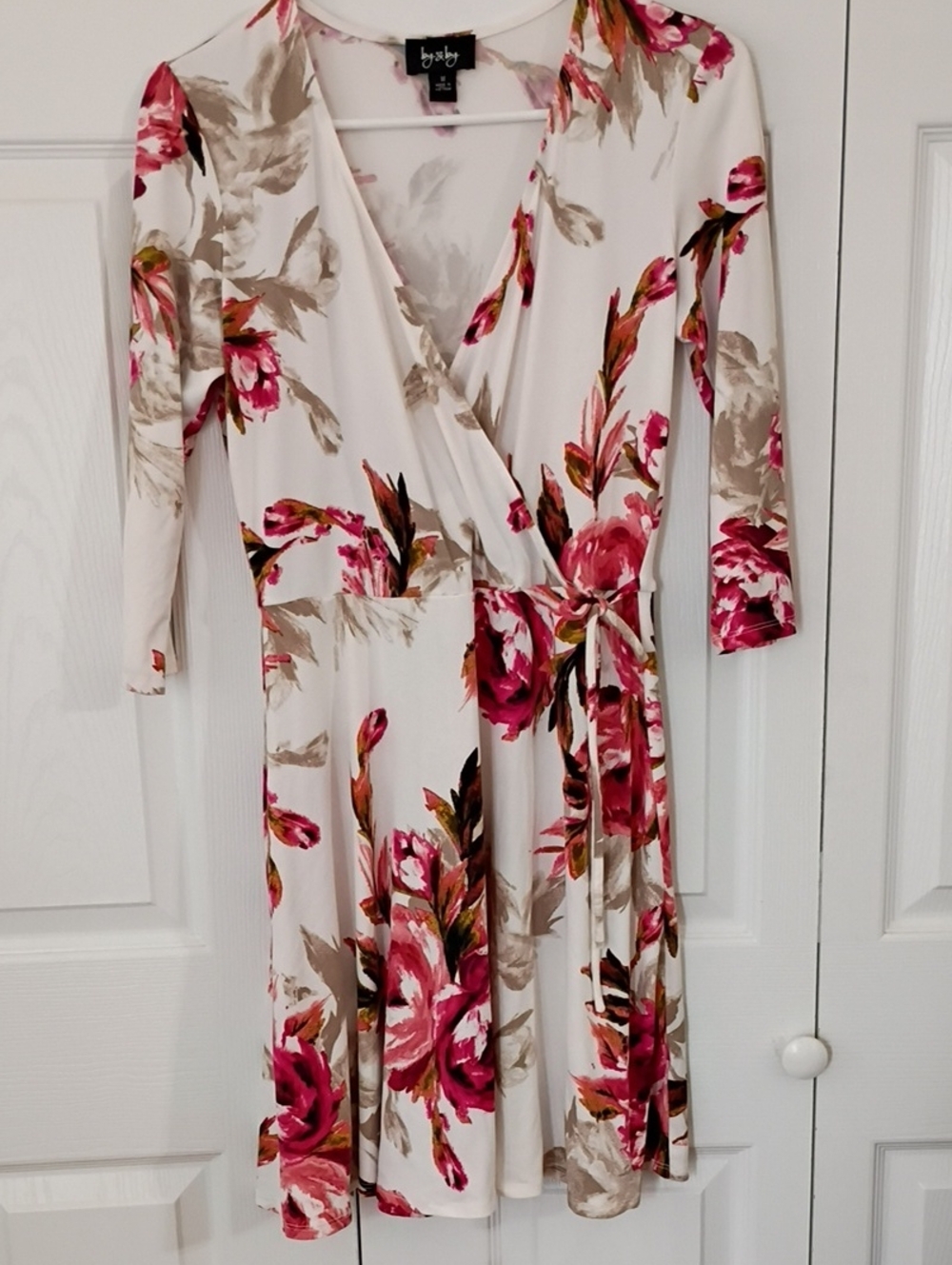 White Floral Faux Wrap Dress with Pink Bloom Print